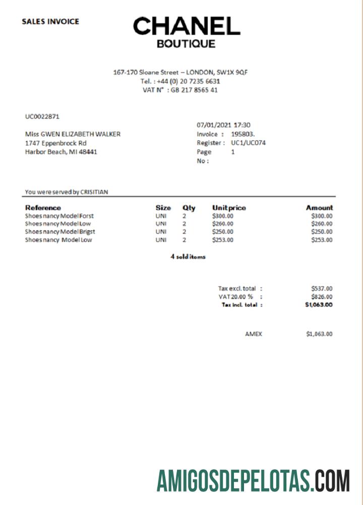 Nota Fiscal de Venda Chanel Boutique exemplo